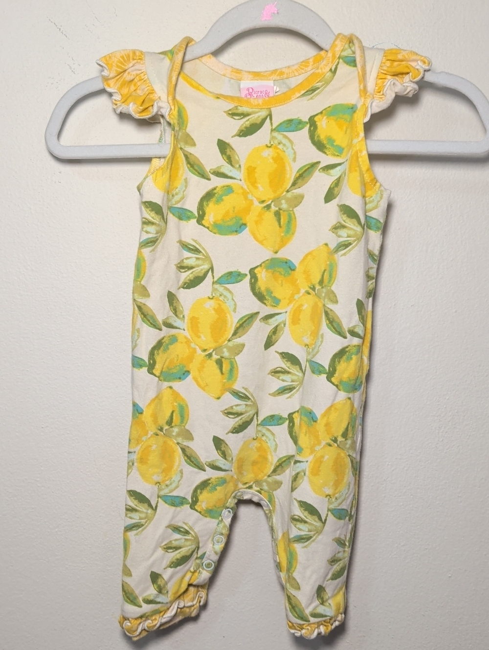 Ricrac & Ruffles Lemon Print Romper Ivory Yellow Green Cotton Baby Girl 6-9M